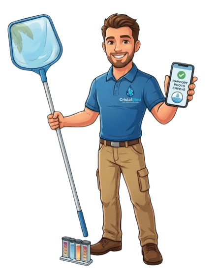 Technicien CristalBleu Services avec épuisette et téléphone affichant le rapport photo